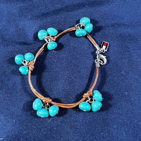 Tommy Hilfiger Faux Turquoise Beaded Bracelet With Leather Cord & Lobster Clasp - Picture 1 of 3